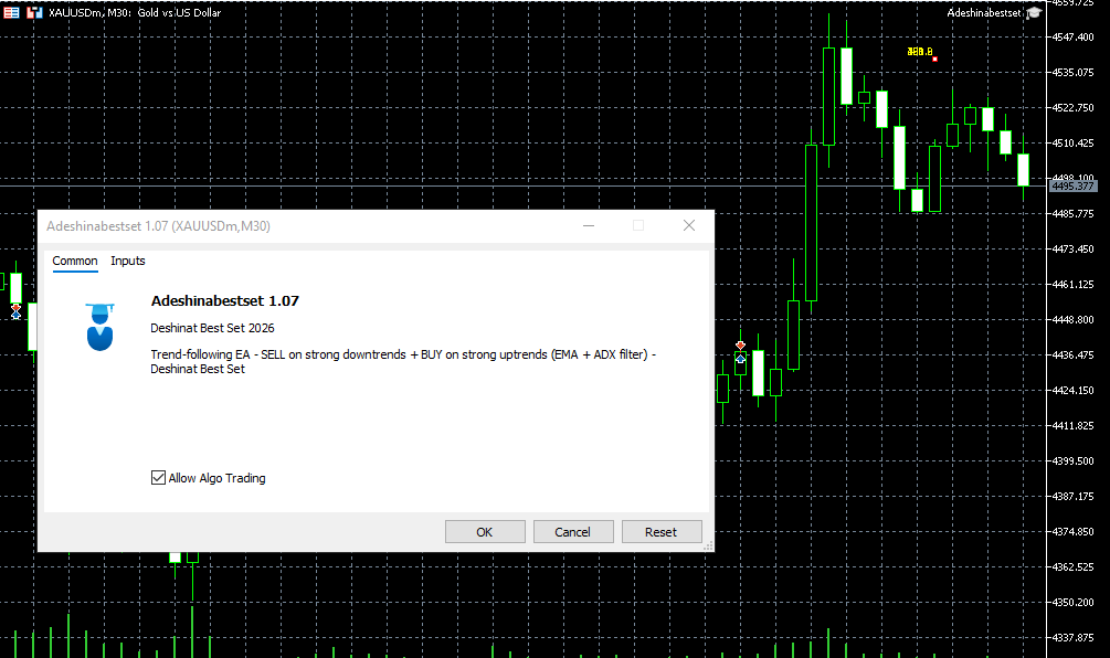 Deshinat EA Settings - Adeshinabestset 1.07 on XAUUSD M30